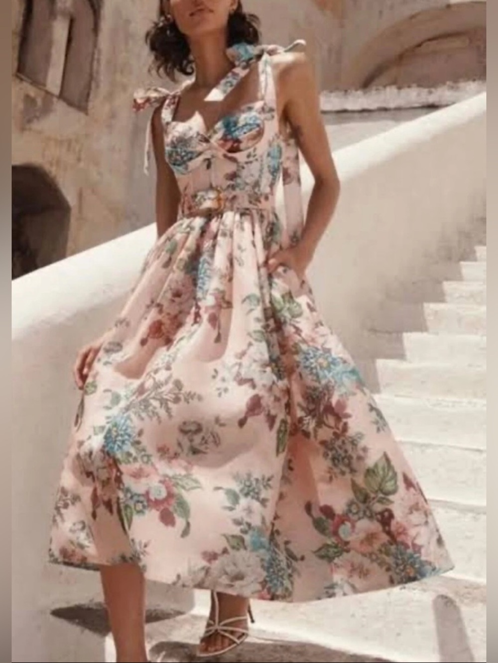 Zimmermann Matchmaker Pink Floral Silk Linen Tie Midi Dress - Picture 3 of 16